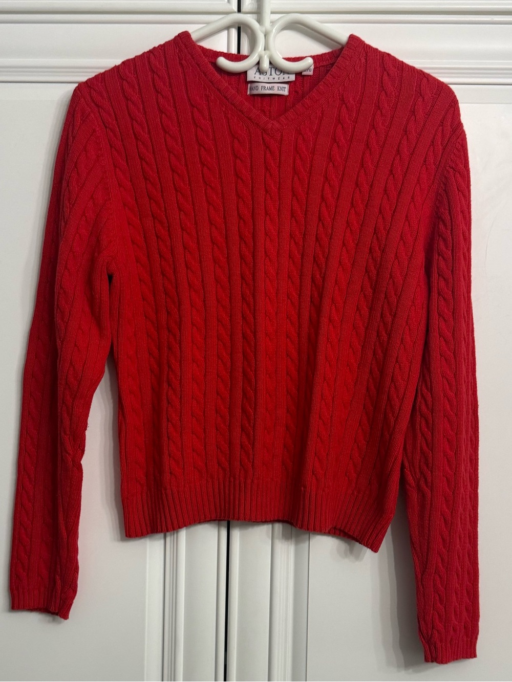 Vintage Aston Knitwear Red Classic V-Neck Cable Knit Sweater Hand Frame Knit Top